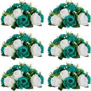 NUPTIO Flower Wedding Centrepieces for Tables - 6 Pcs 9.5in Diameter Teal & White Artificial Flowers Rose Ball for Centerpieces Table - Fake Rose Arrangements for Weddings Birthday Party Decorations