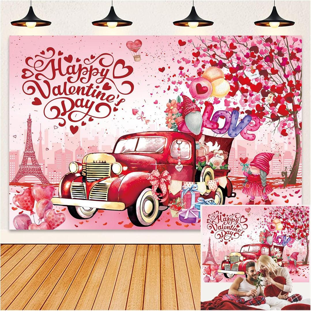 IADIUENOG Happy Love Day Pink Backdrop 8x6ft Red Truck Love Tree Anniversary Holiday Love Heart Balloon Romantic Lover Background Wedding Party Decorations