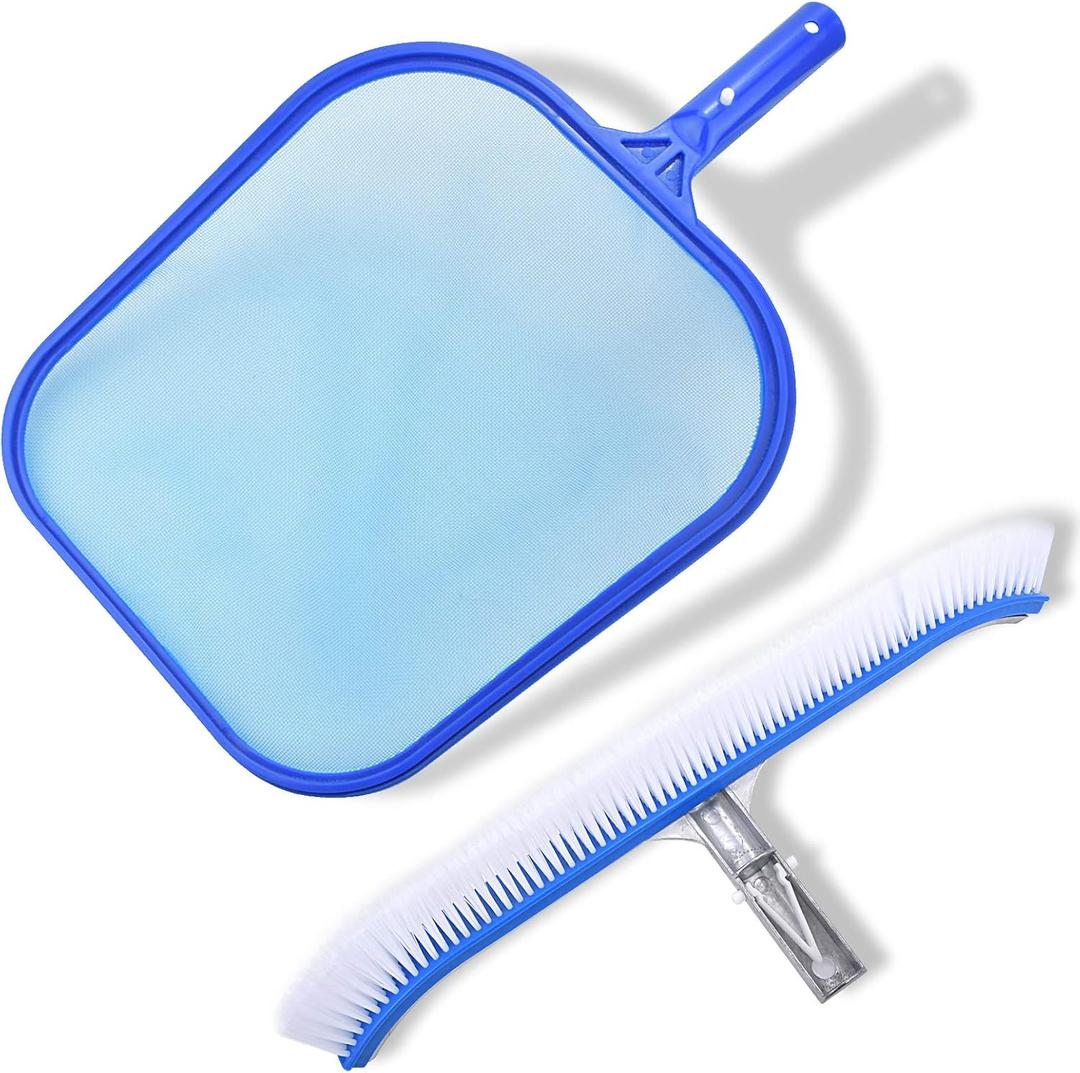 Swimming Pool Brush with Pool Skimmer Net Kit,17.5" Aluminum Pool Cleaning Brush with Nylon Pool Bristles, Heavy Duty Pool Fine Mesh Frame Net, Pool Cleaner Supplies(Pole not Included)