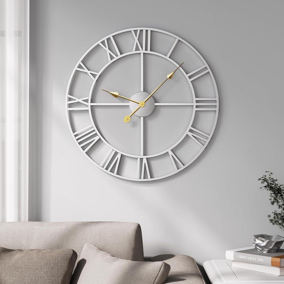 Cuspin 20 Inch Wall Clock Large Silver Decorative Clocks, Modern Metal Round Wall Clock Battery-Operated Roman Numerals for Living Room Bedroom, Kitchen, Office Decor