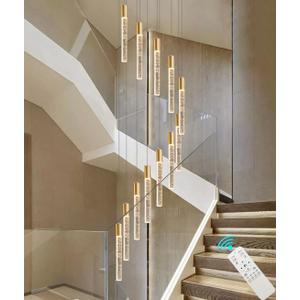 118" High Ceiling Chandelier Linear Crystal Pendants, Remote Dimmable, Compatible Sloped Ceilings, 12-Light Gold, 60 Watts LED, 4800 Lumens