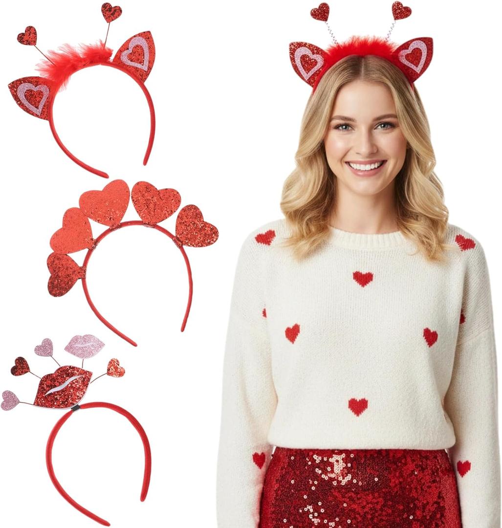 Valentine's Day Headbands for Women - 3Pcs Sequin Heart Hair Accessories for Party Decorations, Photo Booth Props, Cute Holiday Hair Bands