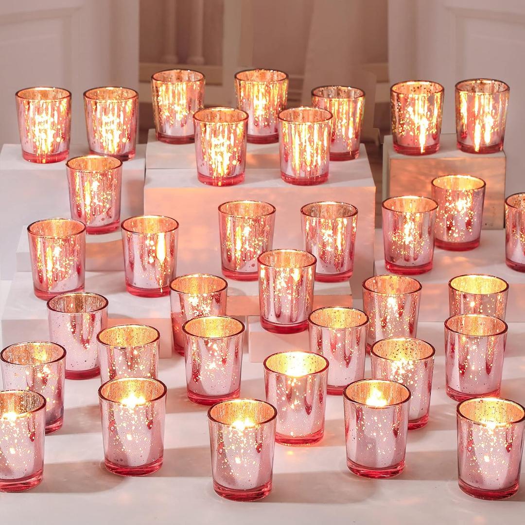 Raiten 50 Pcs Votive Candle Holder Bulk Glass Votive Candle Holder Tealight Candleholder Wedding Centerpiece for Table Home Birthday Anniversary Bridal Shower Party(Rose Gold)