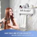 Hair Dryer Holder Wall Mounted, Hair Tools and Styling Organizer with Towel Bar, Farmhouse Beauty Hair Appliance Holder for Flat Iron, Curling Wand, Towel Rack (White)