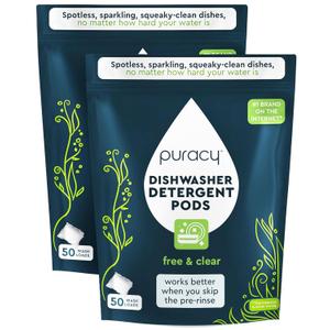 Puracy Dishwasher Pods, Natural Dishwasher Detergent, Free & Clear Dish tabs - Enzyme-Powered, Spot & Residue Free - TikTok Trend Items, Must Haves from TikTok Made Me Buy It (Free & Clear, 100 Count) (50 Count (Pack of 2))
