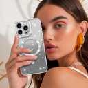 NITITOP Compatible with iPhone 16 Pro Max Case Cute Clear Glitter [Compatible for MagSafe] Sparkle Bling Magnetic Plating Heart Girl Women Electroplated Frame Camera Protection Back Cover - Silver