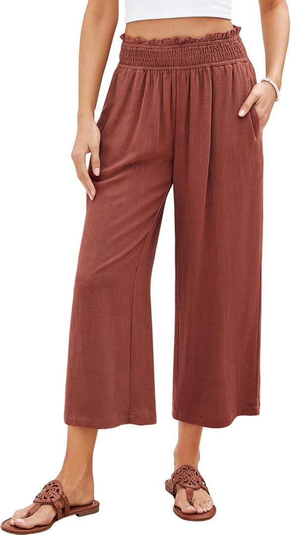 GRAPENT Capri Pants for Women High Waisted Wide Leg Linen Palazzo Trousers Pull On Elastic Smock Waist Loose Flowy Pants (Large, Rust)