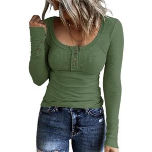 Womens Henley Tops Long Sleeve Women's Long Sleeve Henley T Shirts Button Down Slim Fall Fit Tops Scoop Neck Ribbed Knit Blouse Green, Size S