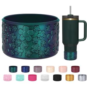 Flower Gradient Silicone Boot, Compatible with Stanley Quencher Adventure 40oz 30oz & IceFlow 20oz 30oz Tumbler, Protective Chameleon Cup Sleeve, Bottom Cover for Hydroflask 12oz-24oz Bottle (Jungle Green)