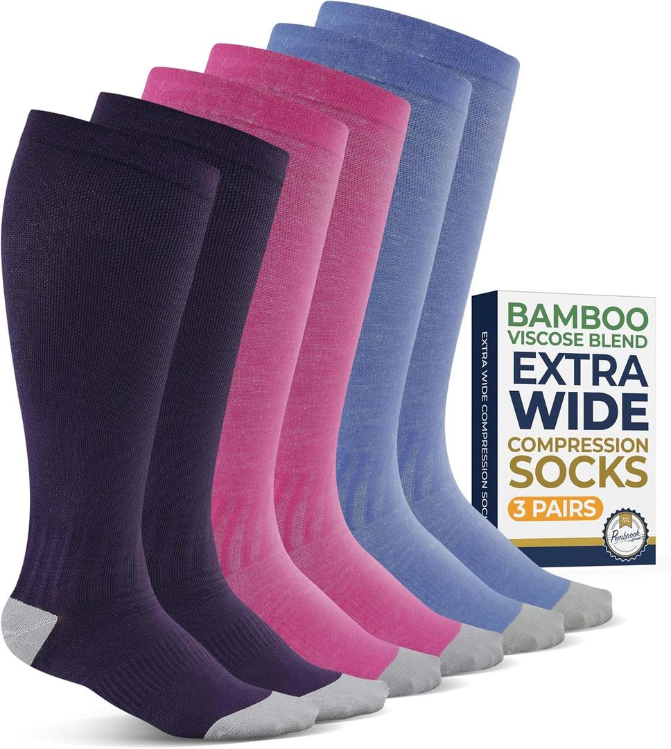 Pembrook 3 Pairs Plus Size Compression Socks Wide Calf - Bamboo Viscose Extra Wide Calf Compression Socks Women Plus Size, Pink, Purple, Blue