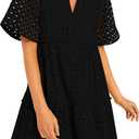 PRETTYGARDEN Eyelet Dresses for Women 2026 Summer Short Sleeve V Neck Hollow Out Ruffle A Line Boho Beach Vacation Mini Dress (Black, S)