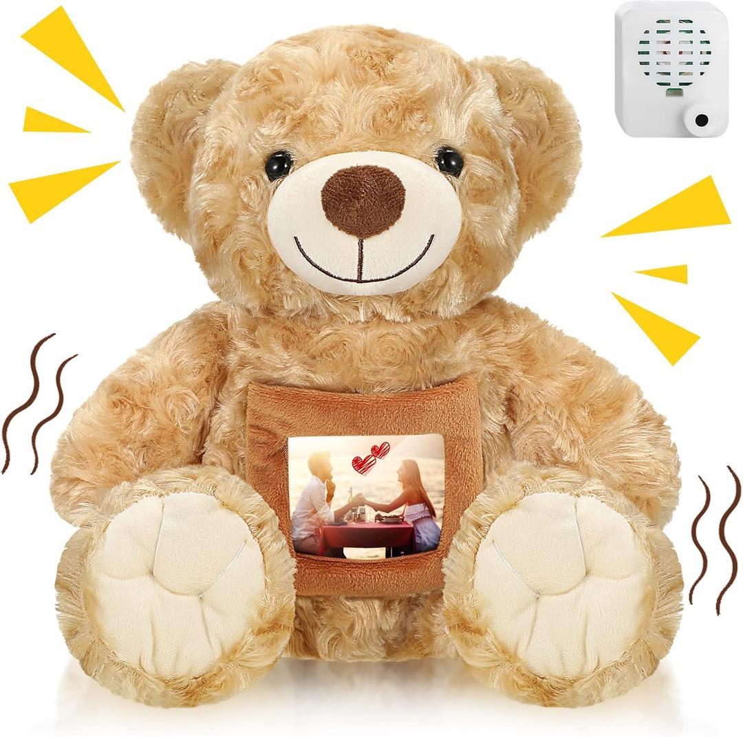 Leyndo Bear with Voice Recording Remembrance Stuffed Animal with Picture Recordable Messages Memorial for Valentine Day Bulk Shower Birthday Gift, Recording Gifts(14 Inch,Brown)