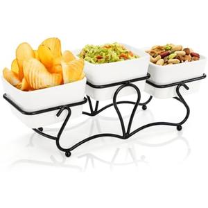 Eorbow 3 Pieces Square Bowl Chip & Dip Serving Set, 7 OZ Ceramic Condiment Server with Metal Stand, Serving Dish Tray for Party Entertaining, Small Snack Platters for Side Dish Appetizer Nuts