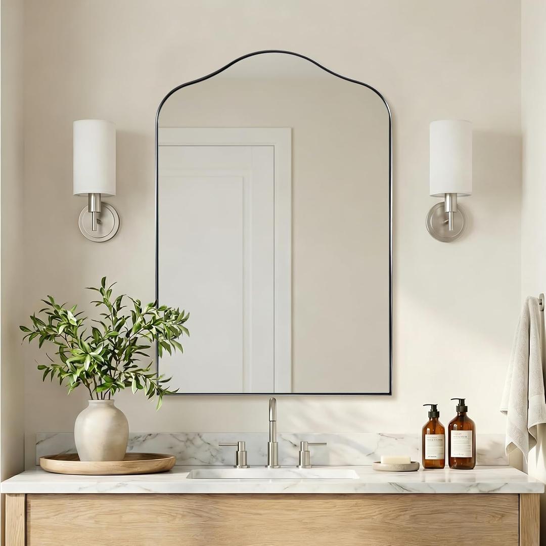 ANDY STAR Scalloped Arched Mirror, 26x38 Brushed Nickel Irregular Bathroom Mirror for Vanity, Asymmetrical Curved, Silver Rustproof Stainless Steel Frame, for Over Sink, Bedroom, Mantel, Fireplace