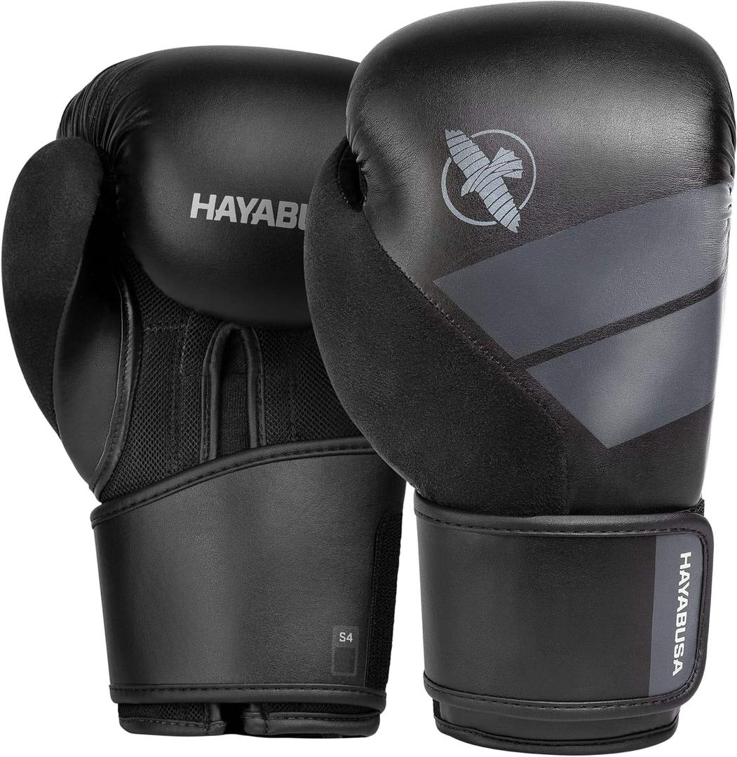 Hayabusa S4 PU Leather Boxing Gloves for Men, Women & Kids, 12oz, Training, Sparring, Kickboxing, Fighting Sports, Taekwondo, MMA, Muay Thai & Arts (Black)