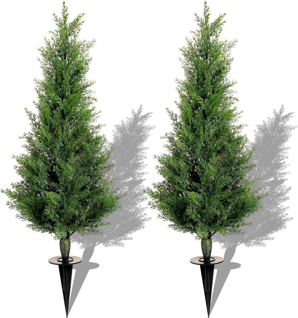 Canlierr 2 Set 3 ft Christmas Artificial Cedar Trees with Ground Spike UV Resistant Artificial Topiary Tree Outdoor Fake Shrub Plants Potted Pine for Porch Garden Entryway Front Door Decor