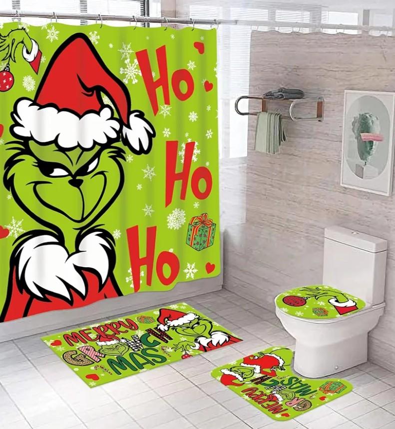 4 Pcs Christmas Shower Curtain Sets, Toilet Lid Cover and Non-Slip U Shape Bath Mat, Christmas Bathroom Decor Xmas Holiday Home Decor