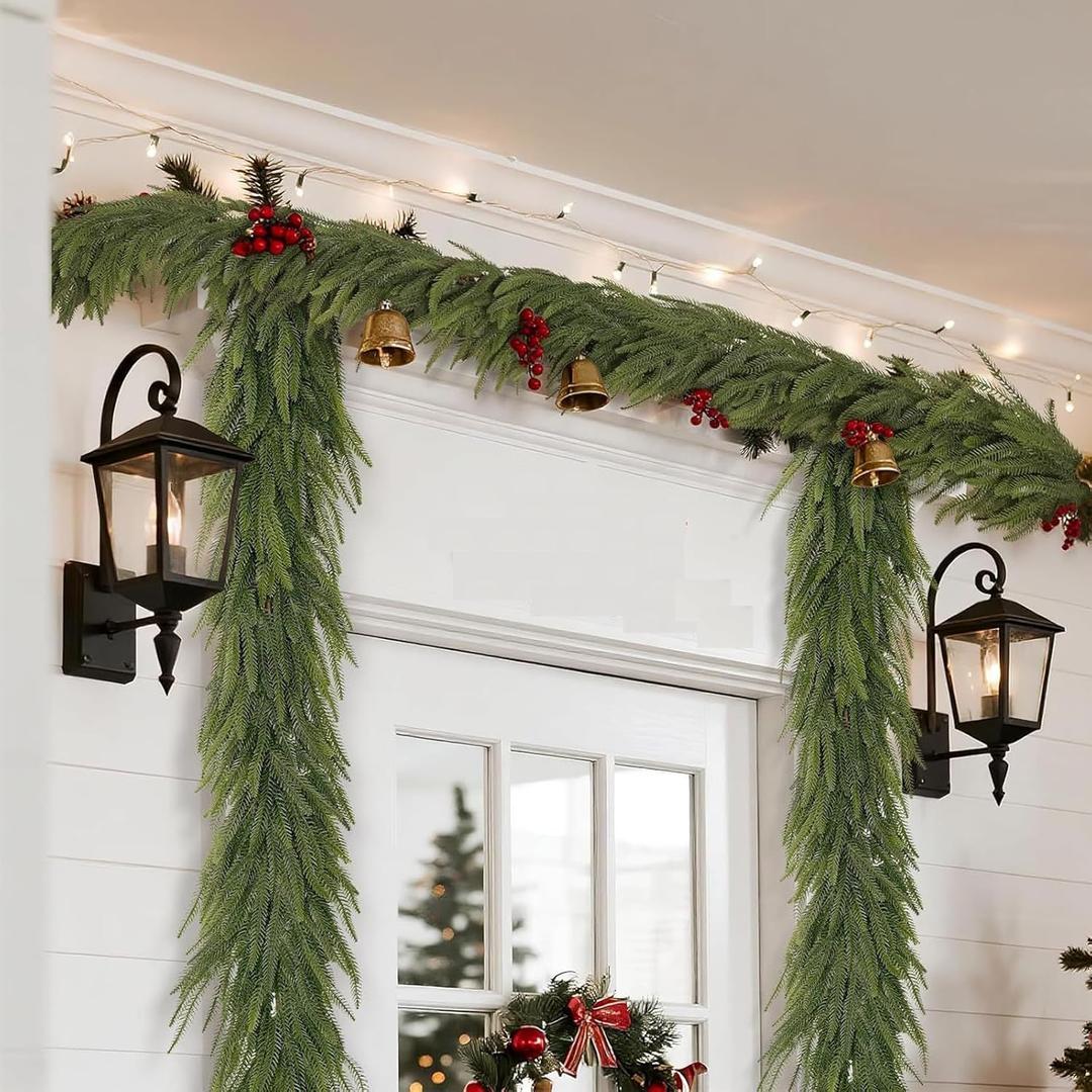 18FT(2 * 9FT) Christmas Norfolk Pine Garland, Real Touch Faux Green Garlands, Holiday Decor Winter Artificial Greenery Garland for Mantle, Stairs, Table, Fireplace, Indoor & Outdoor Xmas Decorations
