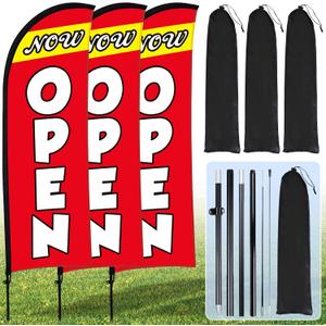 Buryeah 3 Sets Now Open Feather Flag Pole Kit 7 ft for Business Advertising Open Flag Banner Sign with Pole Kit Ground Stake and Portable Bag for Outside Ground, Red