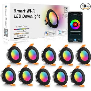 LightingWill 2 Inch Recessed Lighting, Smart WiFi LED Downlight, 5W LED Ceiling Light Compatible with Alexa/Google Assistant, Dimmable RGB & 2700K6500K, 120V with Driver, Black Trim (10 Pack)