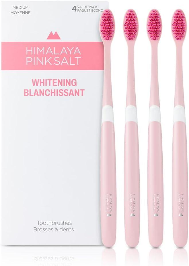 HIMALAYA PINKSALT Natural Toothbrush 4 Count - Medium Toothbrushes for Adults, Plaque Remover for Teeth, Tapered Bristles Gentle on Teeth and Gum, Deep Clean Toothbrush