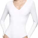 PUMIEY Bodysuits for women V Neck Long Sleeve Body Suit Sexy Tops Smoke Cloud Pro Collection (Medium, Splashed White)