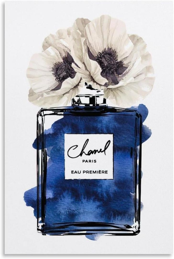 WEboL Fashion Perfume Bottle With Blue & White Poppy Flower Decorative Painting Canvas Wall Art Picture Print Modern Family Bedroom Decor 16x24inch(40x60cm)