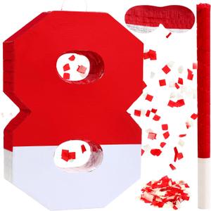 Poen Number 8 Piata with Batting Stick Eye Mask and Confetti Red and White Piata for Kids Boys Girls Birthday Anniversary Celebration Decorations Party Supplies, 16 x 11 x 2.8 Inches