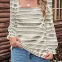 MEROKEETY Women's Fall Square Neck Striped Shirt Puff Long Sleeve Casual Loose Tops 2025 Trendy Blouse (L)