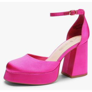 DREAM PAIRS Women’s High Chunky Platform Closed Toe Block Heels Square Toe Ankle Strap Dress Wedding Party Pumps Shoes Aurelia, 7.5, Rose Red-satin
