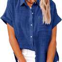 Womens Cotton Linen Short Sleeve Button Down Shirts Casual V Neck Plain Blouses Tops (Large)
