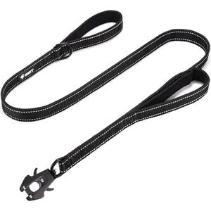 GEIT 4 FT Heavy Duty Dog Leash with 2 Comfortable Padded Handles, Reflective Rope Leashes with Quick Release/Locking Tactical Frog Clip for Small Medium and Large Dogs, Black