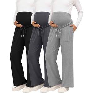 Sweetyweee 3 Pack Women Maternity Pants Wide Leg Over The Belly Lounge Loose Casual Pregnancy Pajama Trousers with Pockets(Light Heather Gray, Dark Heather Gray, Black,Large)