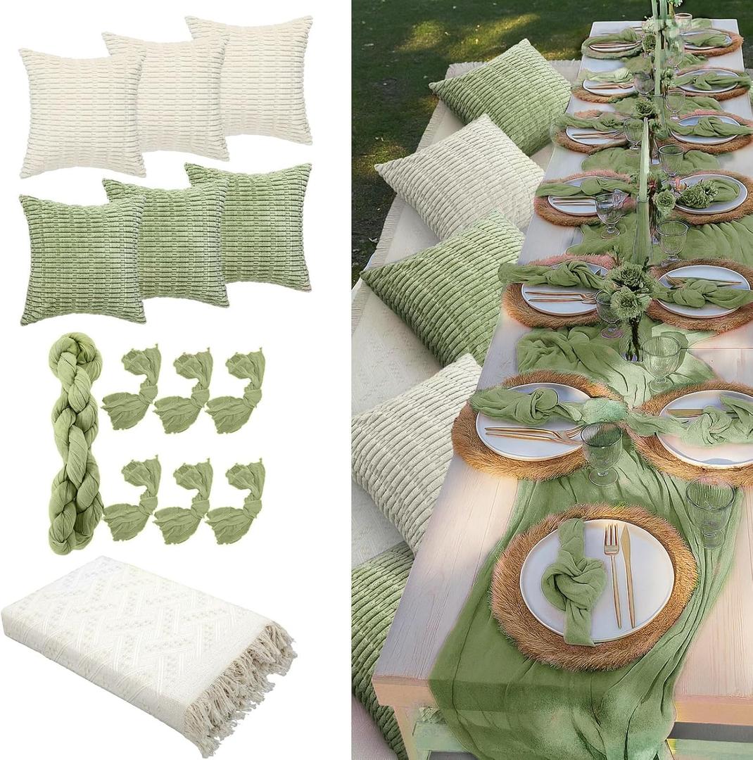 91 x 71 Extra Large Outdoor Boho Picnic Blanket with Sage Green Table Runner, 6 Throw Pillow Covers 6 Napkins Woven Cotton Yarn Oversize Beach Blanket Washable Picnic Camp Wedding