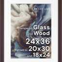 Frame Amo 24x36 Solid Wood Poster Frame Brazilian Walnut, White Multi Mat for 20x30 and 18x24 Image, Tempered Glass Front, 1.5 inch Wide, 1 inch Thick, High-End, Heavy-Duty, Gallery Grade & Acid-Free