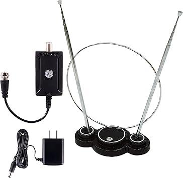GE Traditional Rabbit Ears Indoor TV Antenna + Indoor Antenna Amplifier, Extendable Dipoles and Circular Loop, Digital HDTV VHF UHF, Low Noise Signal Booster, AC Power Adapter Included