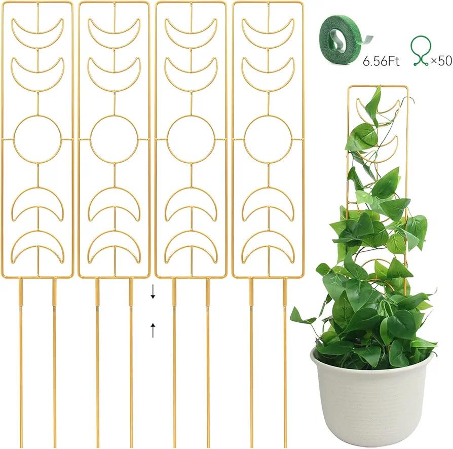 ZOUTOG Trellis for Climbing Plants Indoor 25 Inch with Clips & Plant Ties,Black, Houseplant Trellis for Potted Plants Metal 4Pcs for Vine Ivy Flower Support,Golden