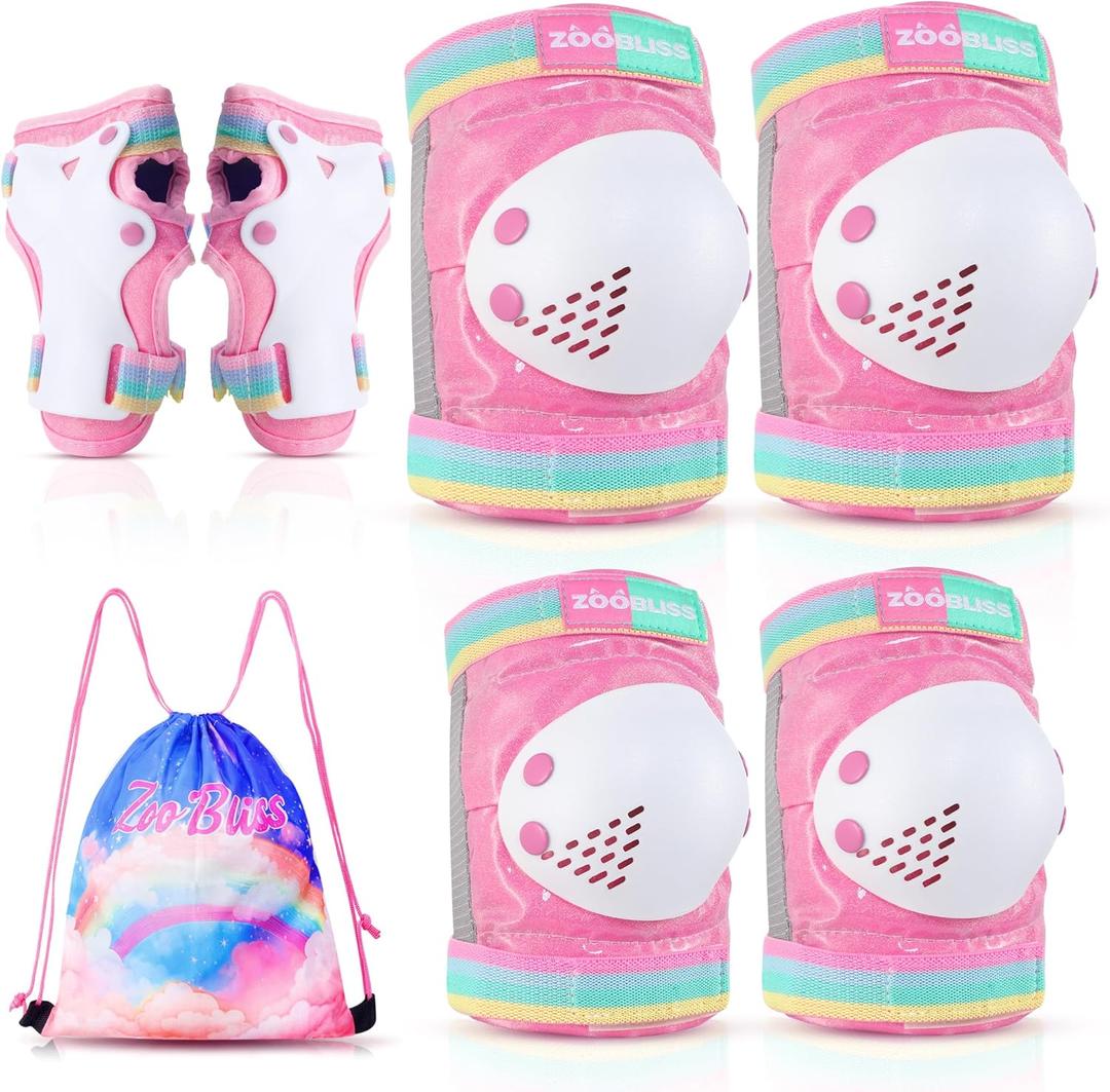 Knee Pads for Kids - ZOOBLISS Toddler Knee and Elbow Pads Set Wrist Guards for Skating Girls Aged 3-12, Kids Protective Gear for Roller Skates Skateboard Bike Scooter, Included Drawstring Bag(Rainbow) (Medium, Starry Pink)