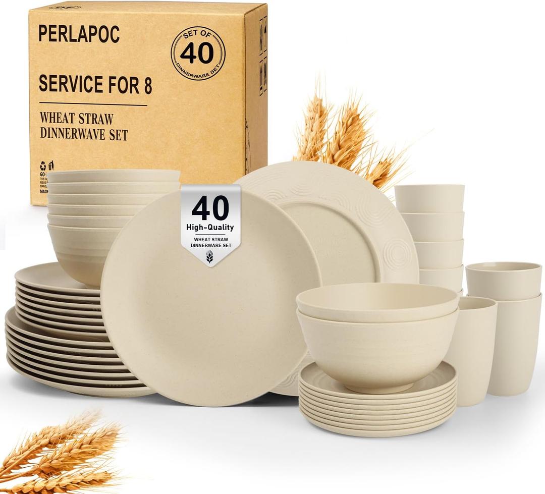 Dinnerware Sets 40 PCS Wheat Straw Plates and Bowls Sets With Cups Service for 8 Microwave Safe Dishes for Kitchen Lightweight Dish Set for RV Outdoor Activities Travel - Beige Colors