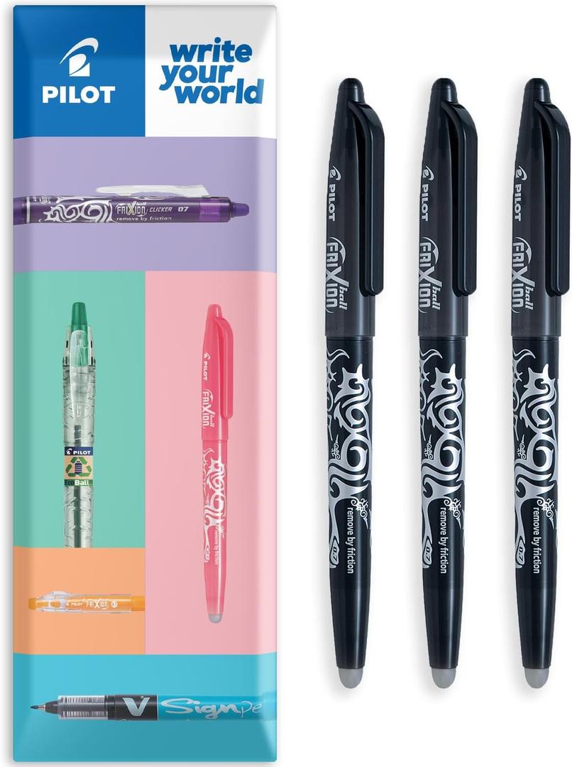 Pilot Frixion Heat/Friction Erasable Rollerball Pen FR7 - Medium Line 0.7mm Tip Nib - Wallet Pack of 3 (Black)