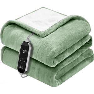 Reaks Heated Blanket Throw, 50×60 Inches, Fast Heating Blanket 10 Heat & 9 Timer Settings, Electric Blanket Soft Flannel Sherpa, Automatic Power Off Function, ETL & FCC, Machine Washable, Green