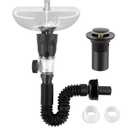 iFealClear Bathroom Sink Drain Kit, Flexible P-Trap Drain Pipe with Pop Up Stopper, Expandable Bathroom Sink Pipe Replacement with 2 Adapters, Fits 1-1/4'', 1-1/2'', 2" Holes, Hair Catcher, Black
