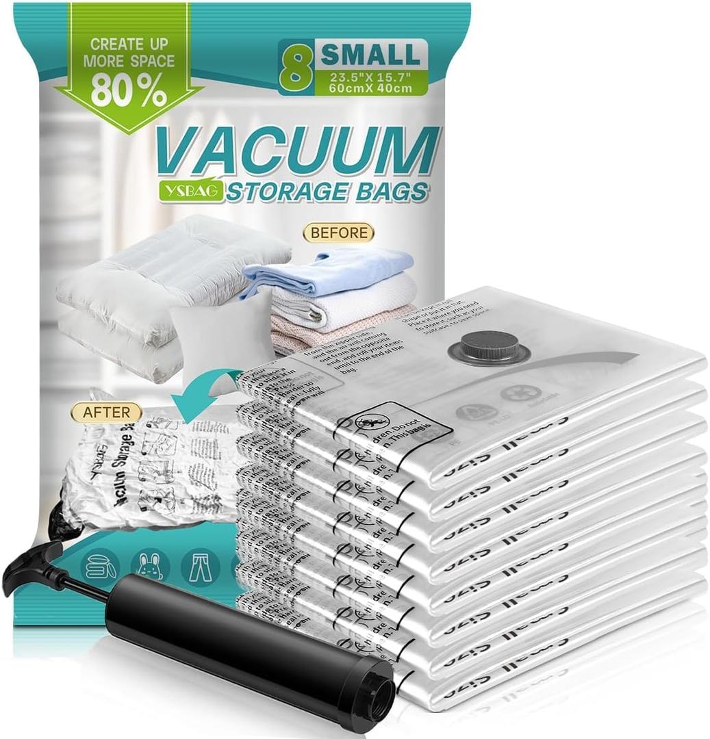 Vacuum Seal Bags for Clothing - Vacuum Storage Bags with Hand Pump, Space Saver Organisers for Travel Luggage Clothes Blankets Comforters (16 Small, 2 Pack of 8 Pieces)