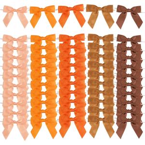 AIMUDI 5 Colors Orange Fall Bows 3.5" Premade Burnt Orange Satin Ribbon Bows for Thanksgiving Decor Pre-Tied Terracotta Treat Bows for Halloween, Wedding, Bridal Shower, Autumn Decor - 50 Counts