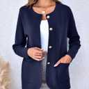Langwyqu Womens Crew Neck Cardigan Sweaters Blazer Long Sleeve Knit Jacket (L)