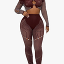 Qikaka Women's 2 PCS Mesh Rhinestones Embroidered Crop Tops Bodycon Pants Sexy Nightclub Party Tracksuit Outfit Set L