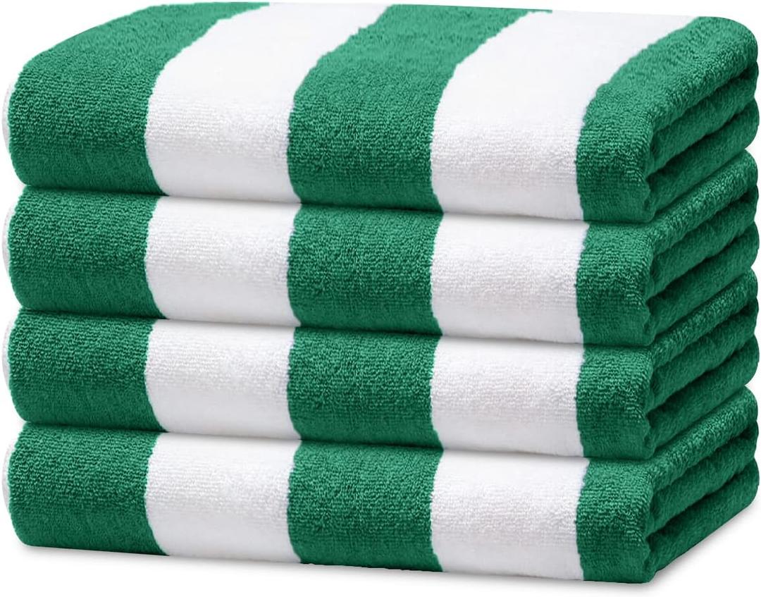 Avalon Towels Cabana Beach Towels 4 Pack (Size 30x60) Inches Oversized, 100% Ring Spun Cotton, Highly Absorbent Large Pool Towels, Super Soft and Quick Drying, Perfect for Gifts (Green Stripe)