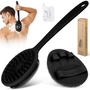 Silicone Back Scrubber & Bath Glove Set 2PCS, 13.4'' Gentle Shower Back Scrubber with Dual-Side Head Non-Slip Handle, 360 Anti-Slip Hand-fit Bath Glove for Rich Foaming Deep Cleaning(Black)