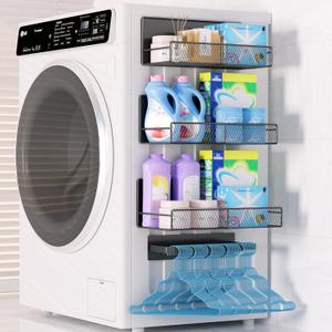 Magnetic Shelf for Washing Machine 4-Pack: Widen Magnetic Laundry Organizer (5"-6") with Hanger Organizer, Strong Magnet, Rust Proof, Heavy Duty Magnetic Spice Rack for Refrigerator (Black)