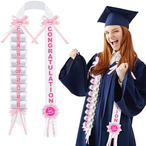 Lyrow Pink and White Graduation Money Lei Class of 2026 Ribbon Money Lei Graduation Cash Gift for Congrats Graduates Grad Leis with Cash Holder for Senior High School Party Supplies (Classic)